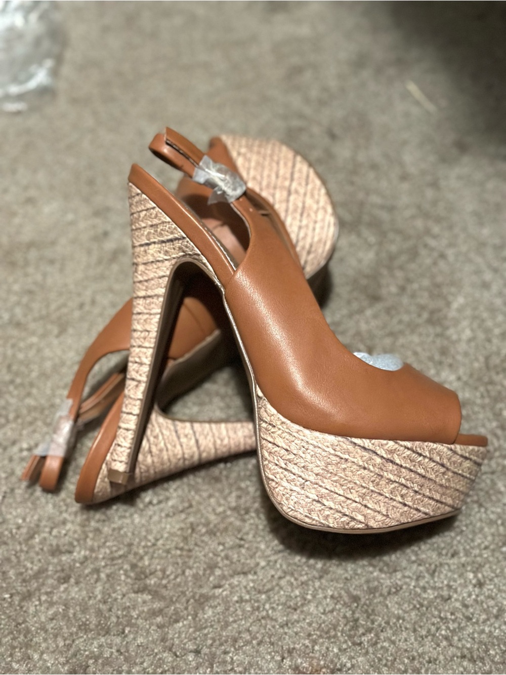 Qupid Tan Platform Slingback Peep-Toe Heels